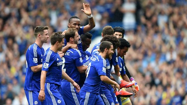 Didier Drogba being carried off by his team-mates after his final game for Chelsea in 2015