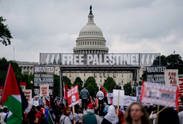 Demonstrators gather on the day of Benjamin Netanyahu's address to a joint meeting of Congress