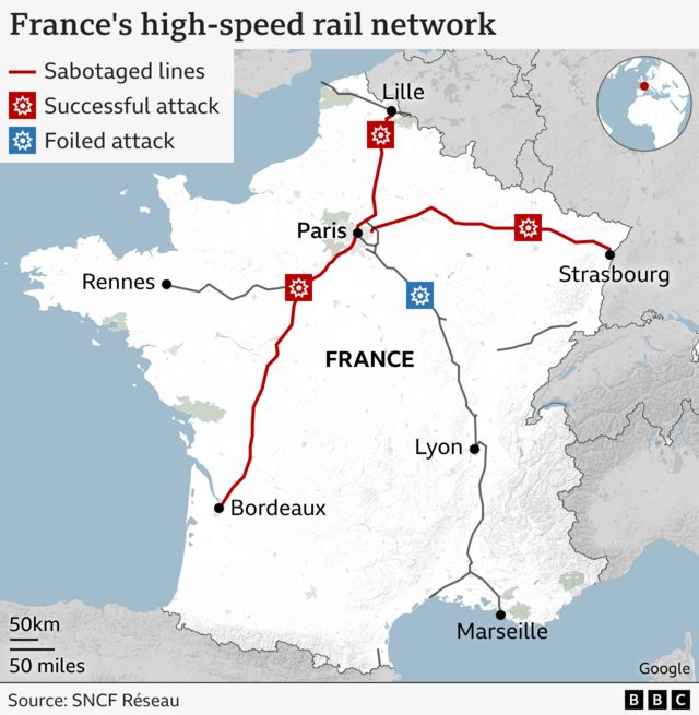 A map showing the three train routes in France facing disruption.