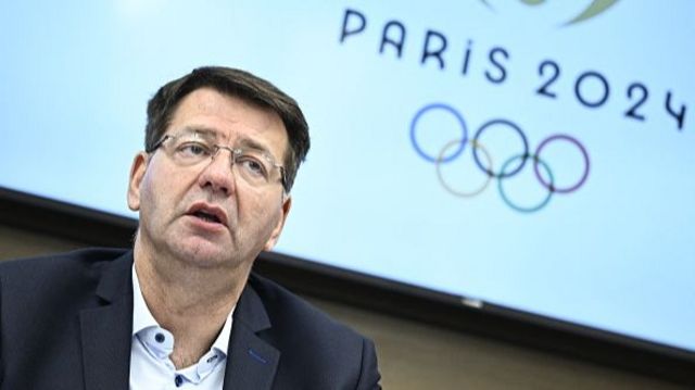 France's Deputy Minister for Transport Patrice Vergriete attends a press conference presenting the transport logistics for the opening ceremony of the Paris 2024 Olympic games