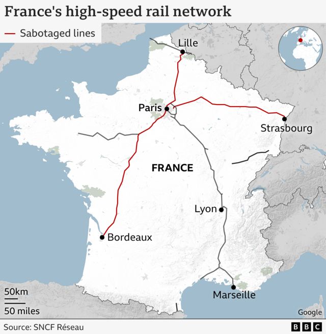 Map showing train routes impacted in France