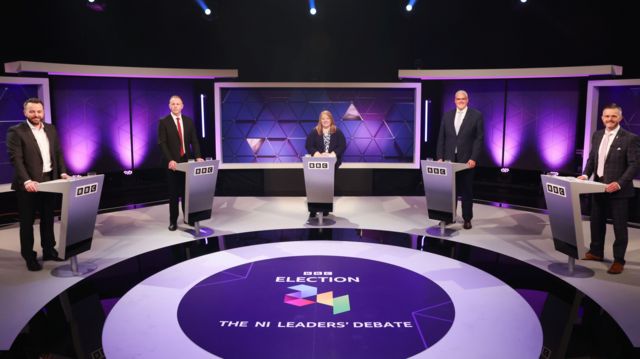 (Left to right) SDLP Leader Colum Eastwood, Sinn Fein's Chris Hazzard, Alliance leader Naomi Long, DUP leader Gavin Robinson, and Ulster Unionist Party deputy leader Robbie Butler, pictured at the BBC leaders' debate in Belfast last week