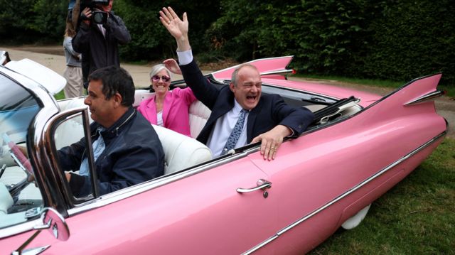Ed Davey and Daisy Cooper in pink cadillac