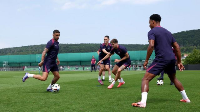 Kyle Walker of England in action during a training session at Spa & Golf Resort Weimarer Land on June 29, 2024 in Blankenhain, Germany.