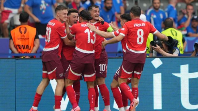 Switzerland's players celebrate goal during the UEFA EURO 2024 round of 16 match between Switzerland and Italy at Olympiastadion on June 29, 2024 in Berlin, Germany