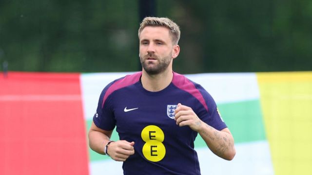 Luke Shaw of England trains during an England Training Session at Spa & Golf Resort Weimarer Land on June 27, 2024 in Blankenhain, Germany