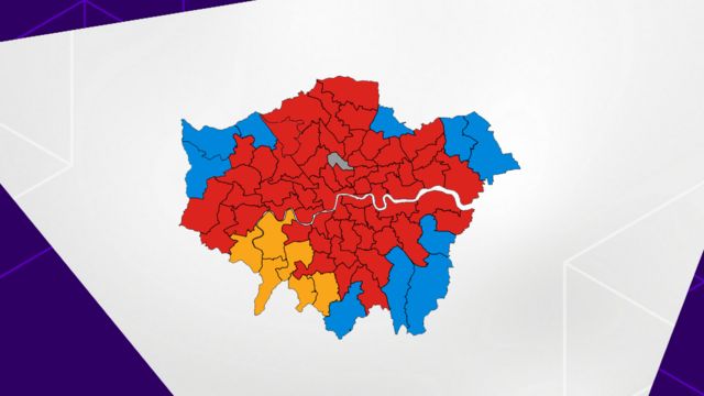 Colour coded map showing election results in London