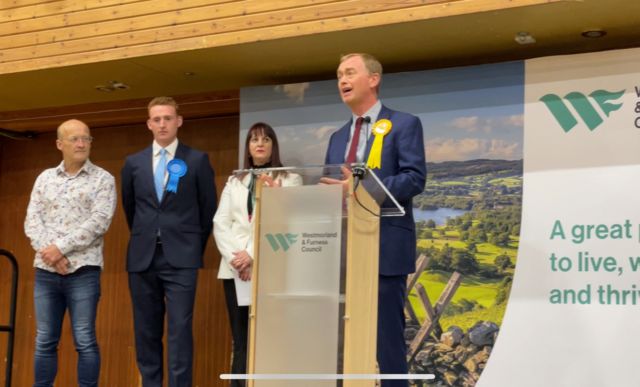 Liberal Democrat Tim Farron stands on the stage as he is declared winner in Westmorland and Lonsdale