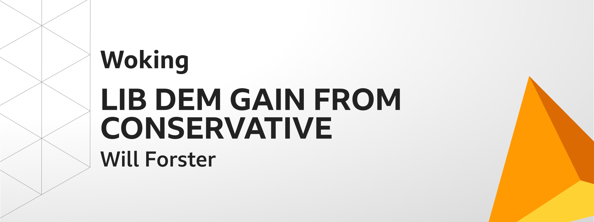 Graphic showing Liberal Democrats gain Woking from the Conservatives. The winning candidate was Will Forster.