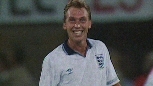 David Platt celebrates after scoring for England against Belgium