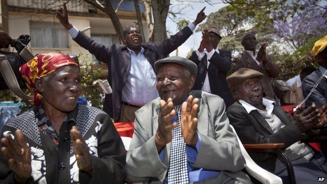 Kenyans celebrate the announcement of a legal decision in their case at Britain"s High Court concerning Mau Mau veterans.