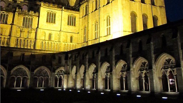 Norwich Cathedral cloisters illuminated at night