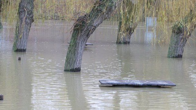 Picnic benches under flood water at the Embankment in Wellingborough