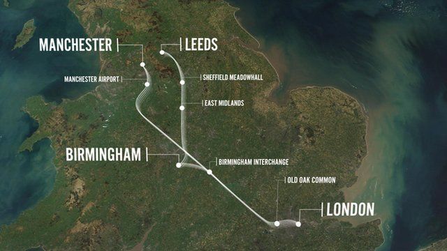 A map of phase one and phase two of the proposed HS2 high-speed rail project