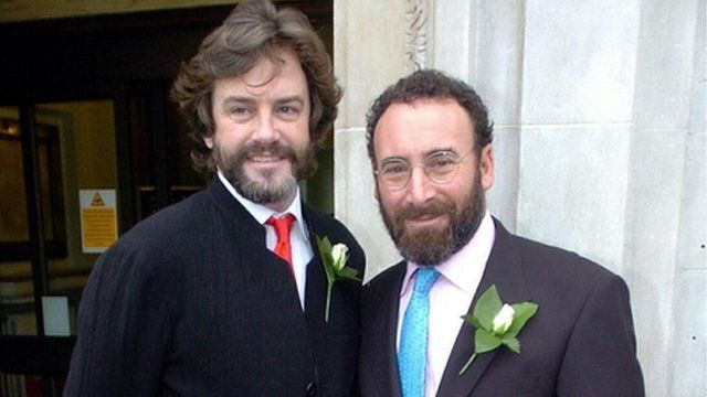 Sir Antony Sher (left) with Greg Doran outside Islington Town Hall on 21 December 2005 after their civil partnership ceremony