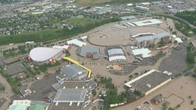 Flood water around the Saddledome and Calgary Stampede