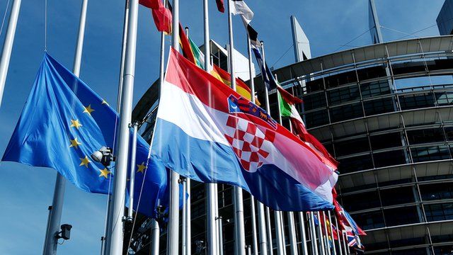 EU and Croatian flags in Strasbourg, 1 Jul 13