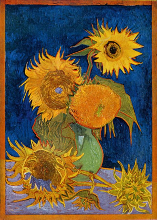 Classic and timeless masterpiece of Van Gogh sunflowers blue background Perfect for art lovers