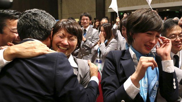 Members of Japan's delegation celebrate after Tokyo was awarded the 2020 Olympic Games