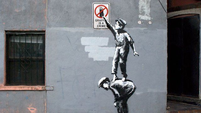 Spray art by Banksy which appeared in New York on 1 October, 2013