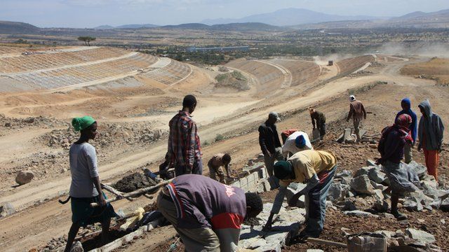 Labourers working on the new train line in Ethiopia