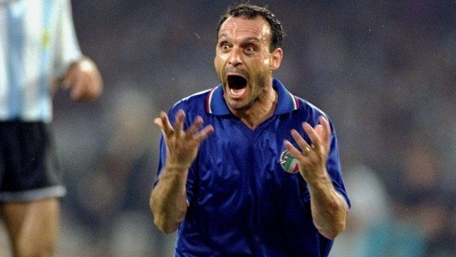 Italy's Salvatore Schillaci celebrates scoring against Argentina at the 1990 World Cup