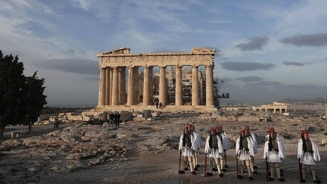 Greek Presidential Guards at Parthenon temple at the Acropolis hill in Athens