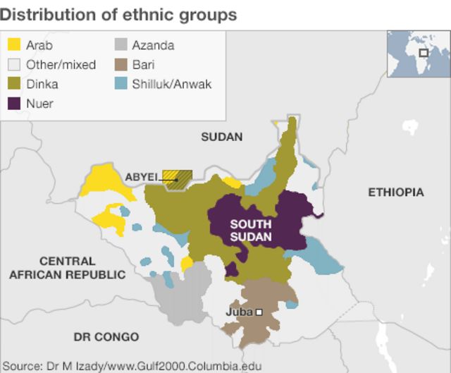 南スーダンに存在する60以上の民族の中で最も多いのはディンカ人（上図の緑の地域）とヌエル人（紫の地域）。キリスト教徒とイスラム教徒が混在するほか、言語や伝統もさまざまだ。