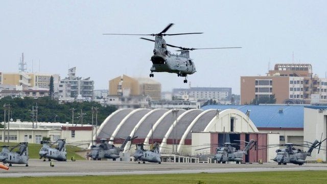 File photo: a US Marines helicopter takes off from the US Marine Corps Air Station Futenma in Ginowan, Okinawa prefecture, 26 April 2010