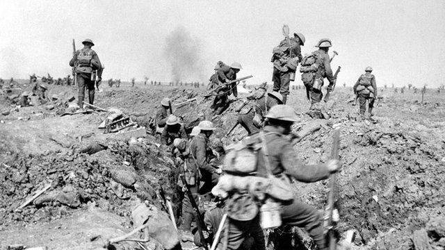 Allied troops leave a trench prior to the battle of Morval, WWI, 1916.