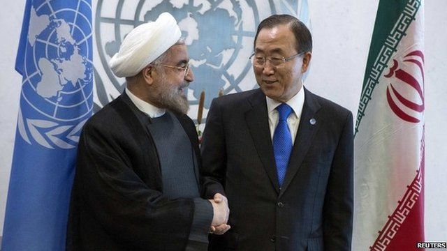 United Nations Secretary-General Ban Ki-moon and Iran"s President Hassan Rohani
