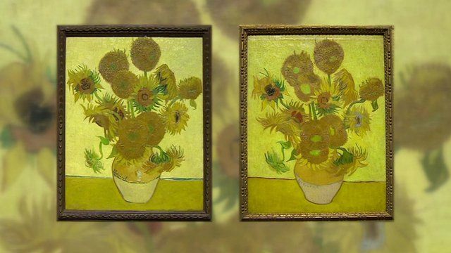 Graphic showing two of Van Gogh's iconic sunflower paintings