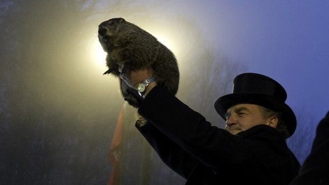 Groundhog handler John Griffiths holds Punxsutawney Phil after he saw his shadow predicting six more weeks of winter