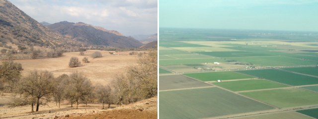 Landscapes of dry Tulare County in Central California (left) and lush Imperial Valley in Southern California (right)