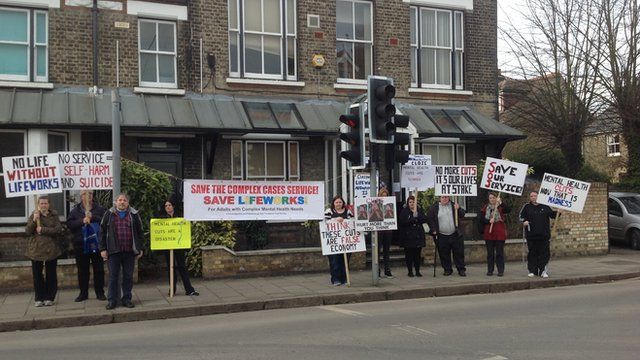 Protesters outside the Tenison Road Centre