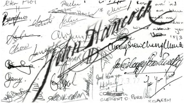 A compilation of famous signatures including John Hancock's