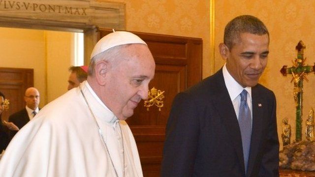 Pope Francis (L) meets US President Barack Obama on March 27, 2014 at the Vatican.