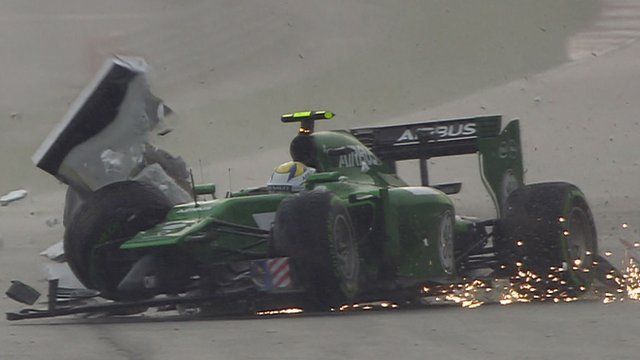 Caterham's Marcus Ericsson crashes in qualifying for the Malaysia Grand Prix