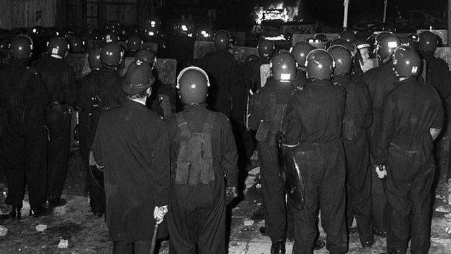 Police in riot gear during the Broadwater Farm riot