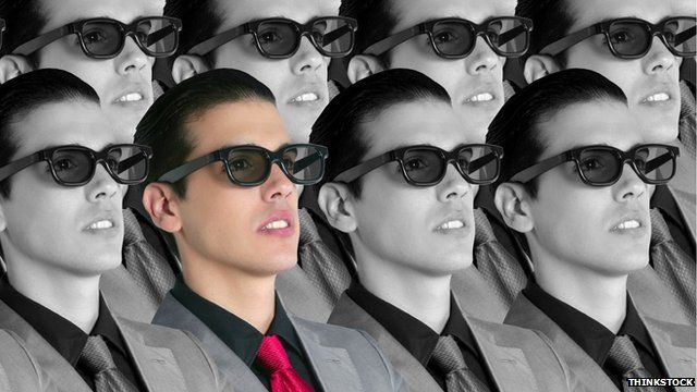 Men in 3D glasses in black and white