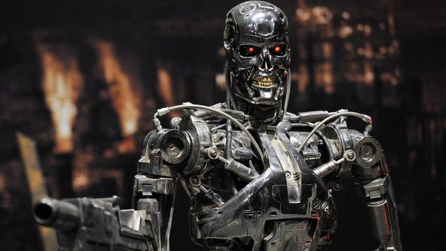 A full-scale figure of a terminator robot 'T-800', used in the 'Terminator 2' film at an exhibition in Tokyo in 2009