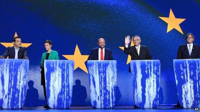 From left, Alexis Tsipras from Greece, Ska Keller and Martin Schulz from Germany, Luxembourg's Jean-Claude Juncker and Belgium's Guy Verhofstadt