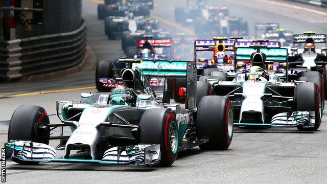 Nico Rosberg and Louis Hamilton in actio at the Monaco GP