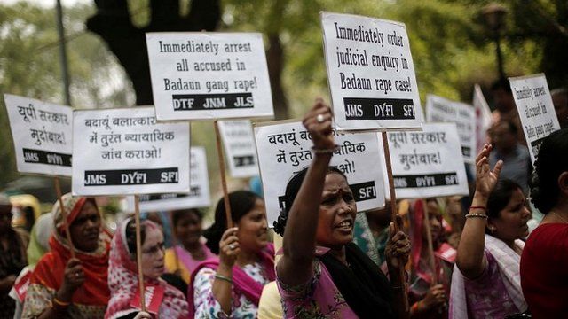Demonstrators from All India Democratic Women"s Association (AIDWA) stage a protest against the rape and killings of two teenage girls, New Delhi, 31 May 2014