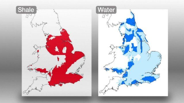 Two UK maps highlighting shale and aquifer locations