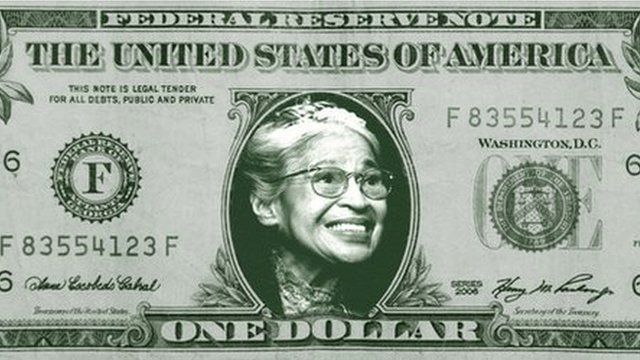 A $1 bill with Rosa Parks' face imposed on it