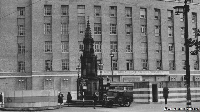 Broadcasting House in Ormeau Avenue, Belfast 1949. Note the air raid shelter to the right of the monument