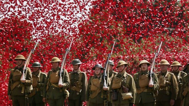 Members of the Great War Society surrounded by poppies