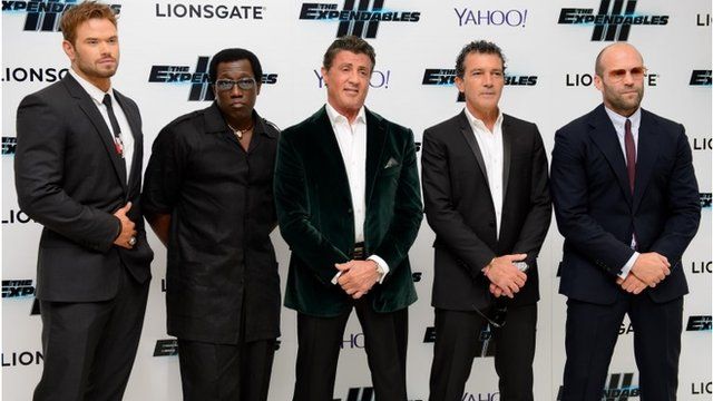 Kellan Lutz, Wesley Snipes, Sylvester Stallone, Spanish actor Antonio Banderas and British actor Jason Statham arrive for the World Premiere of The Expendables 3