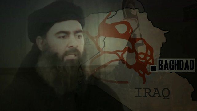 Graphic of Islamic State leader, Abu Bakr al-Baghdadi, superimposed on map of Iraq